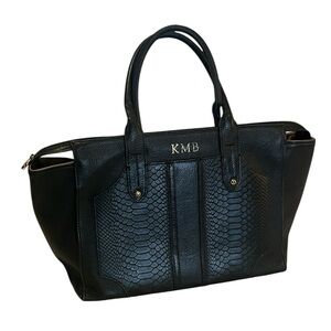 Black GiGi New York Gates Textured Leather Monogramed Contemporary Satchel Bag